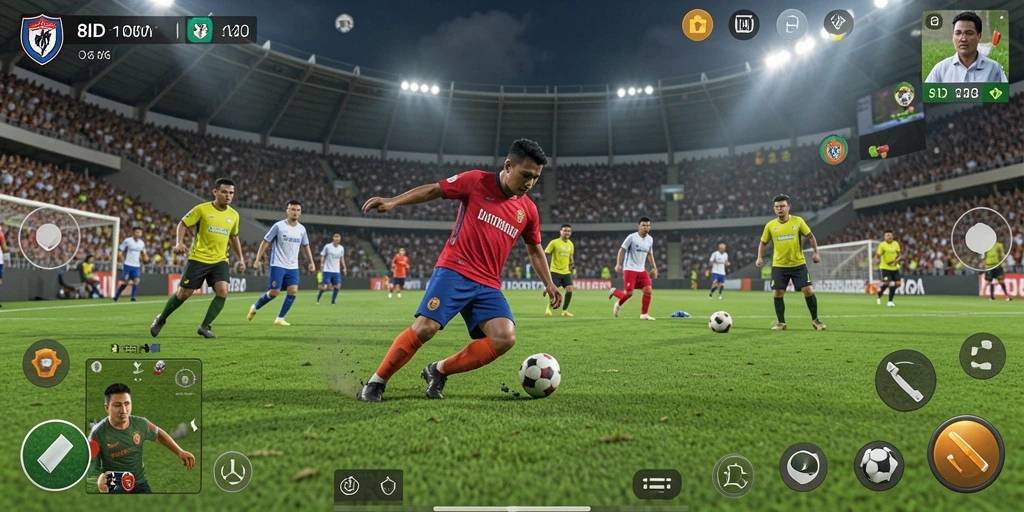 Screenshot gameplay 8ID yang menampilkan aksi sepak bola yang seru.