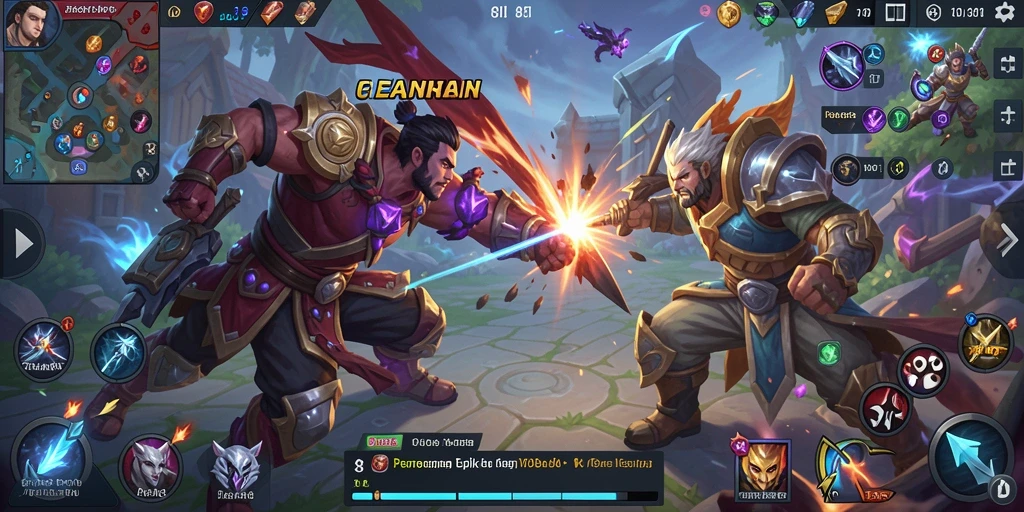 Tangkapan layar utama <strong>8II</strong> menampilkan aksi pertarungan epik di medan perang MOBA.