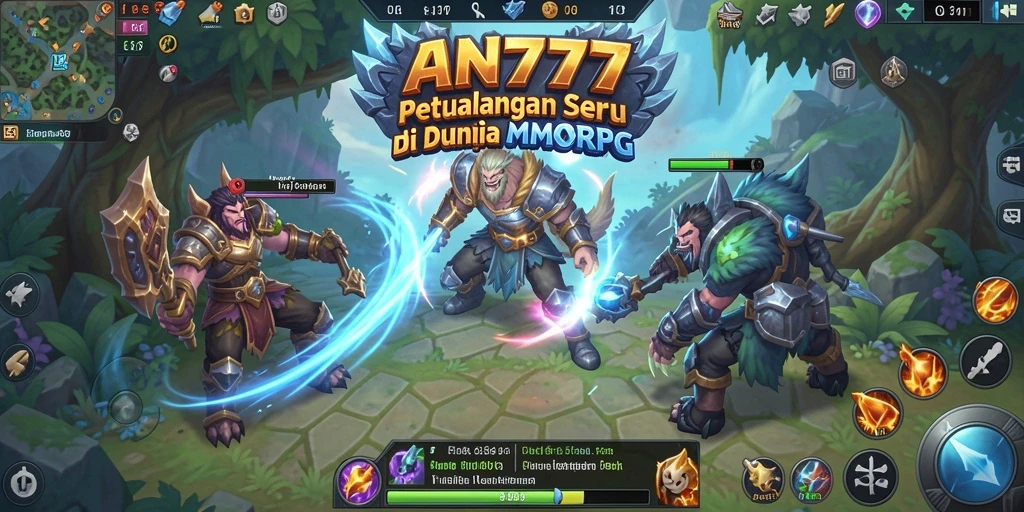 Screenshot AN777 menunjukkan aksi pertempuran seru di dunia MMORPG yang luas.