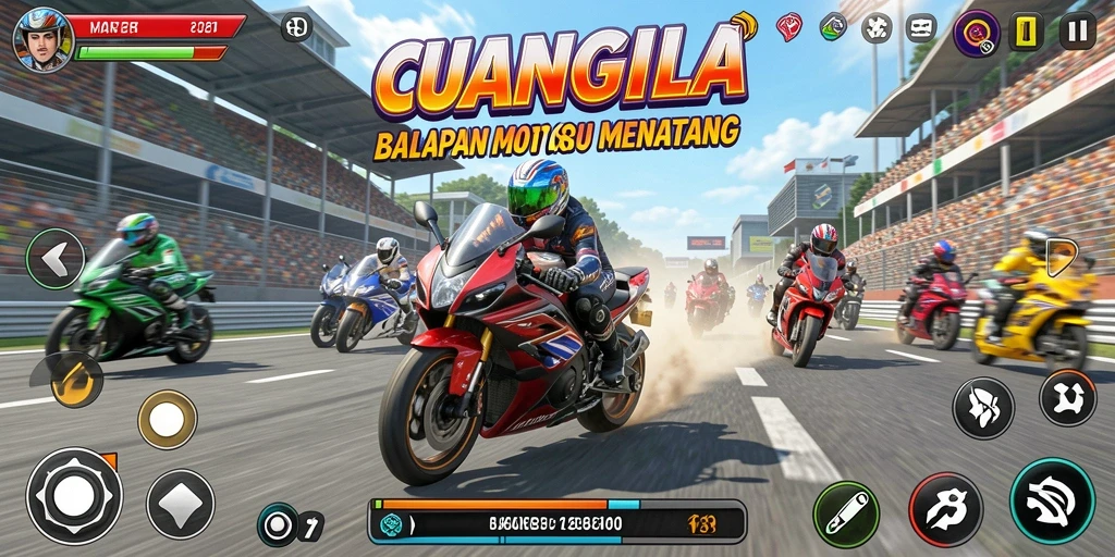 Screenshot gameplay CUANGILA menampilkan aksi balapan motor yang mendebarkan.