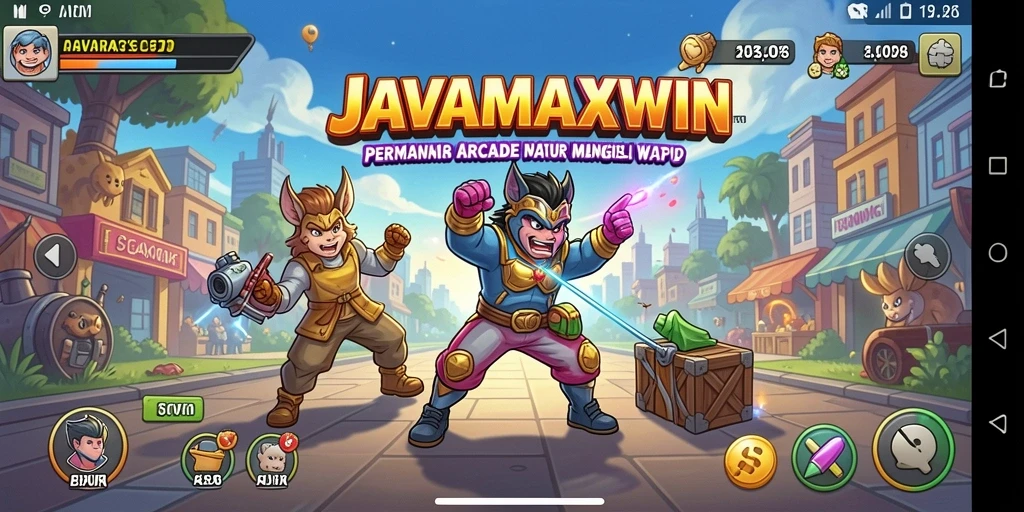 Screenshot utama JAVAMAXWIN menampilkan aksi seru di dalam game Arcade.