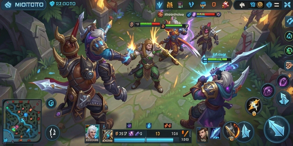 Tampilan gameplay seru dalam MIOTOTO dengan aksi MOBA yang mendebarkan.