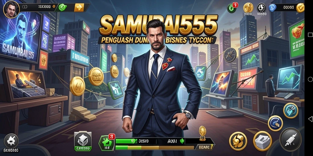 Screenshot gameplay SAMURAI555 yang menunjukkan manajemen bisnis.